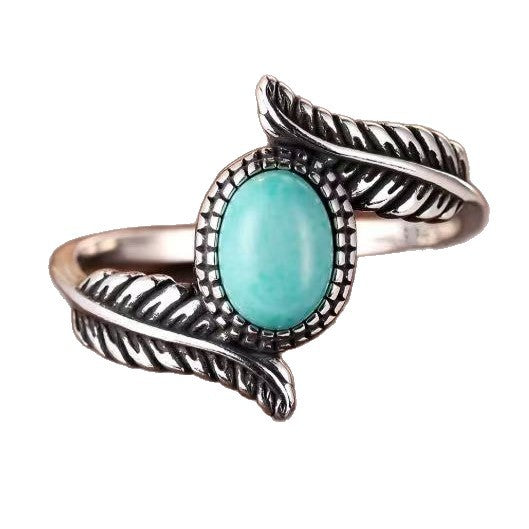 Turquoise-Inlaid Feather Color-Blocked Party Engagement Ring Jewelry Piece